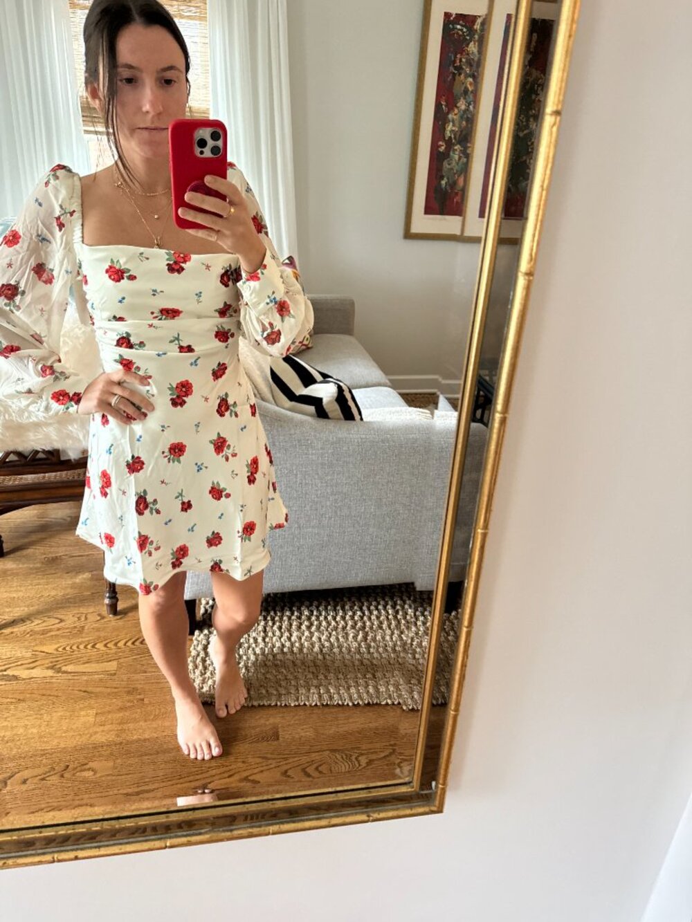 WEWOREWHAT NWOT Cream Optic White Multi Floral Puff Sleeve Cowl Neck Mini Dress